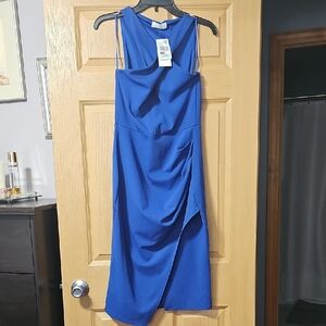 Blue Ruched Asymmetrical Halter Dress